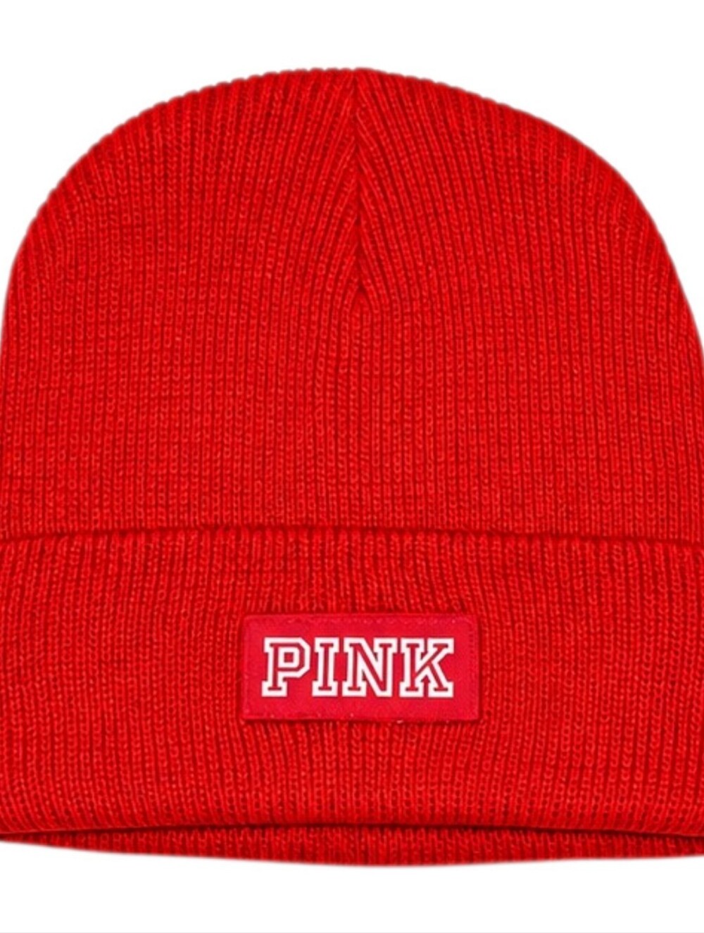 Victoria's Secret PINK Pepper Red Logo Ribbed Knit Winter Beanie Hat Cap NEW